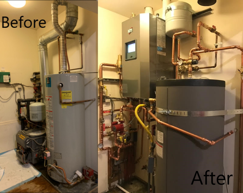 Before and after photos of boiler and system upgrade.